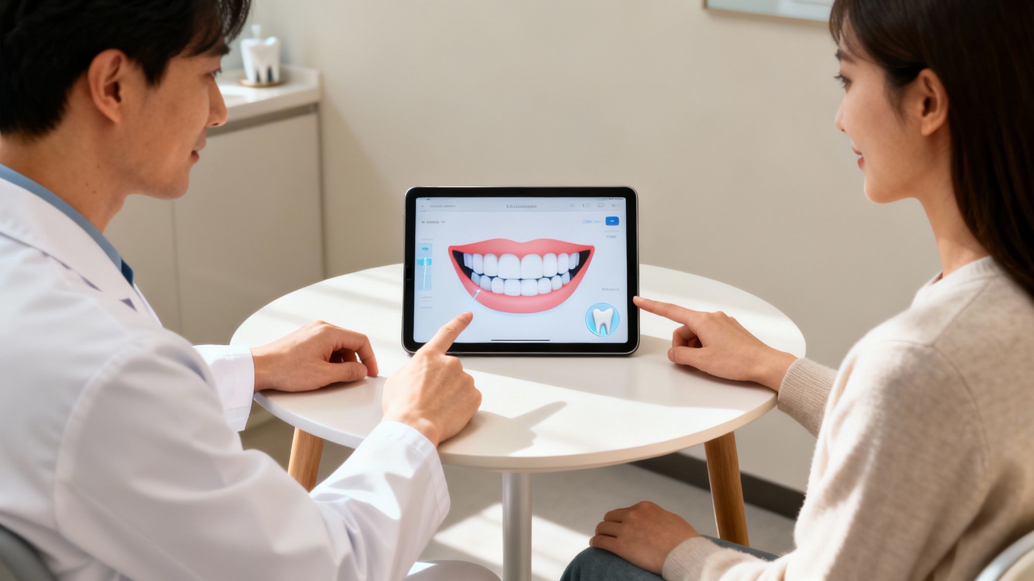 A dentist and patient review a digital dental treatment plan on a tablet, showing healthy teeth.