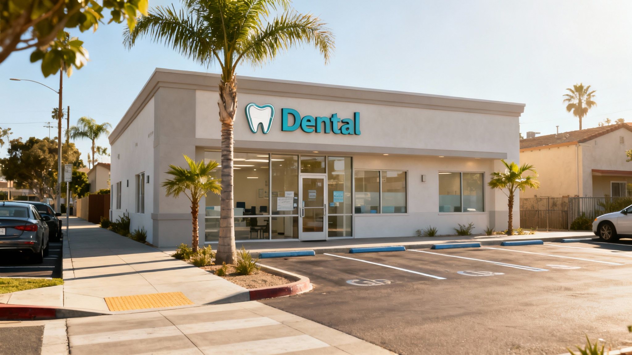 A modern dental office building with a 'Dental' sign, palm trees, and a parking lot.