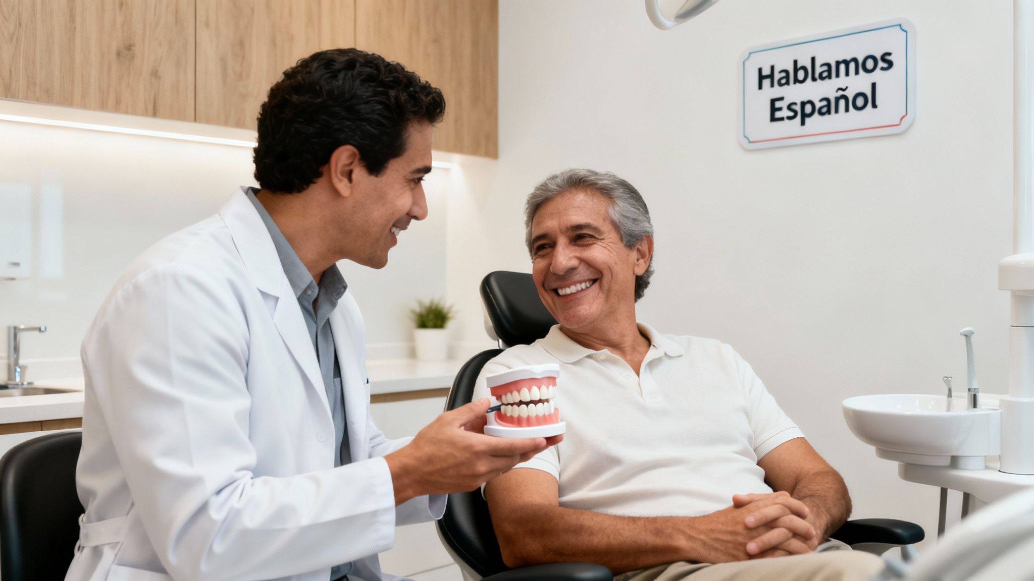 Smiling dentist explains dental health to an elderly patient in a modern Spanish-speaking clinic.