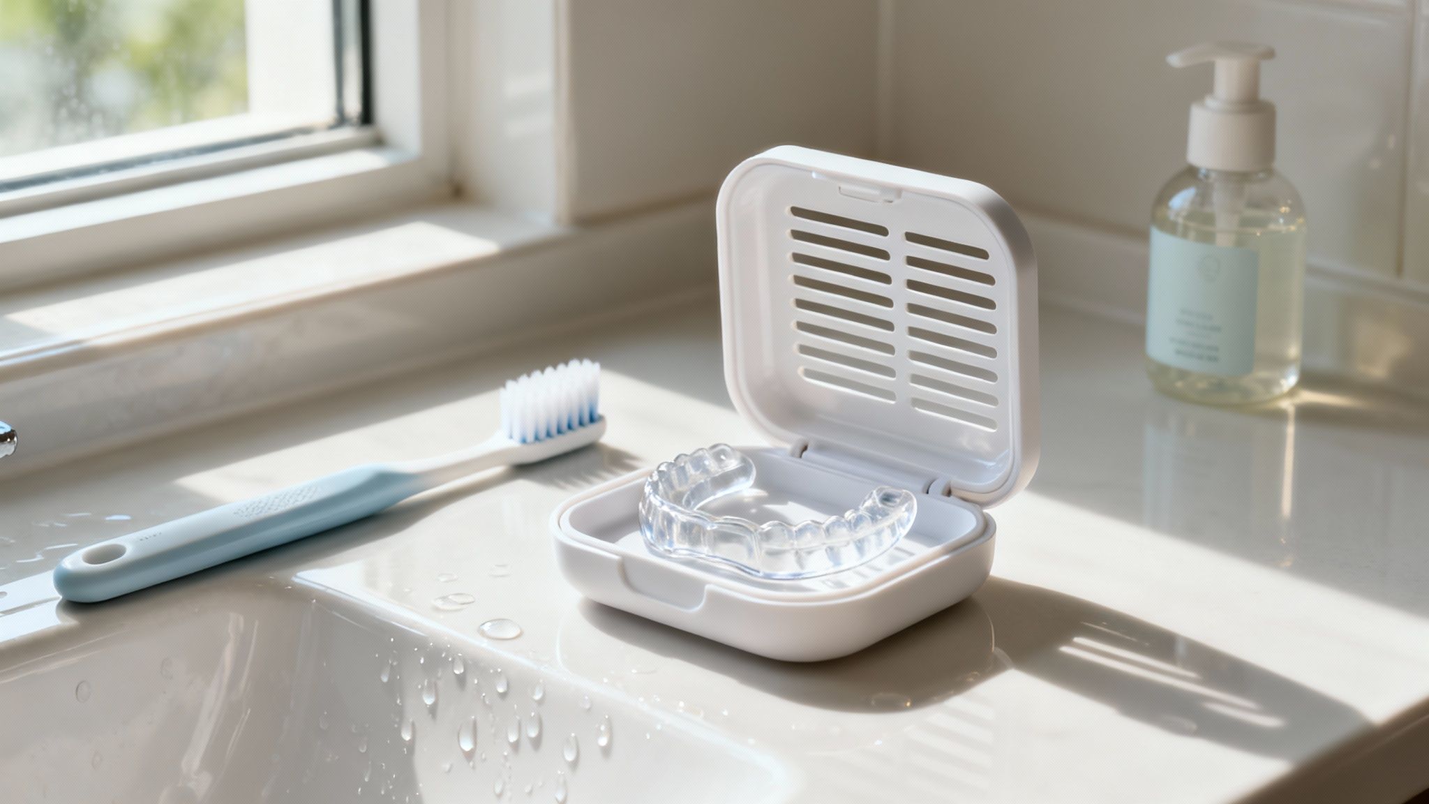 A clear dental night guard in an open white case sits on a bathroom sink next to a toothbrush and soap dispenser.
