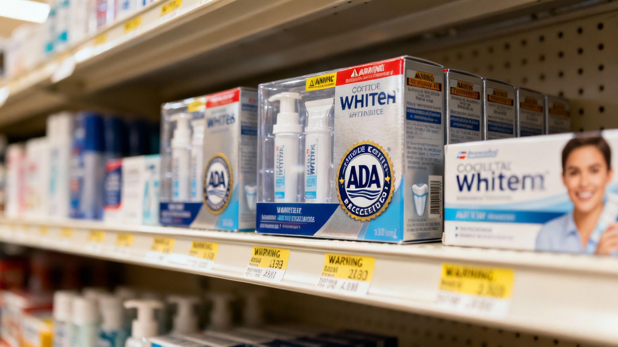 A variety of over-the-counter teeth whitening products on a store shelf.