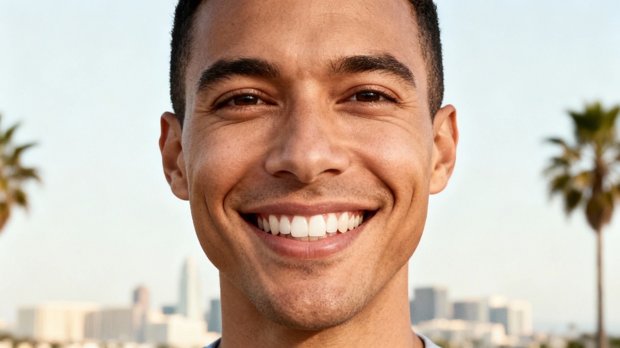 Close-up of a smiling man with a bright, white smile and blurred city background.