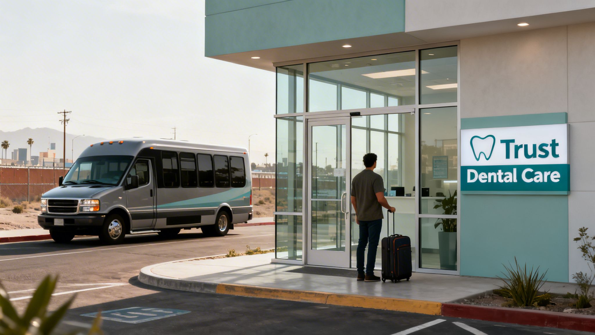 Man with suitcase entering Trust Dental Care clinic as shuttle bus waits outside.