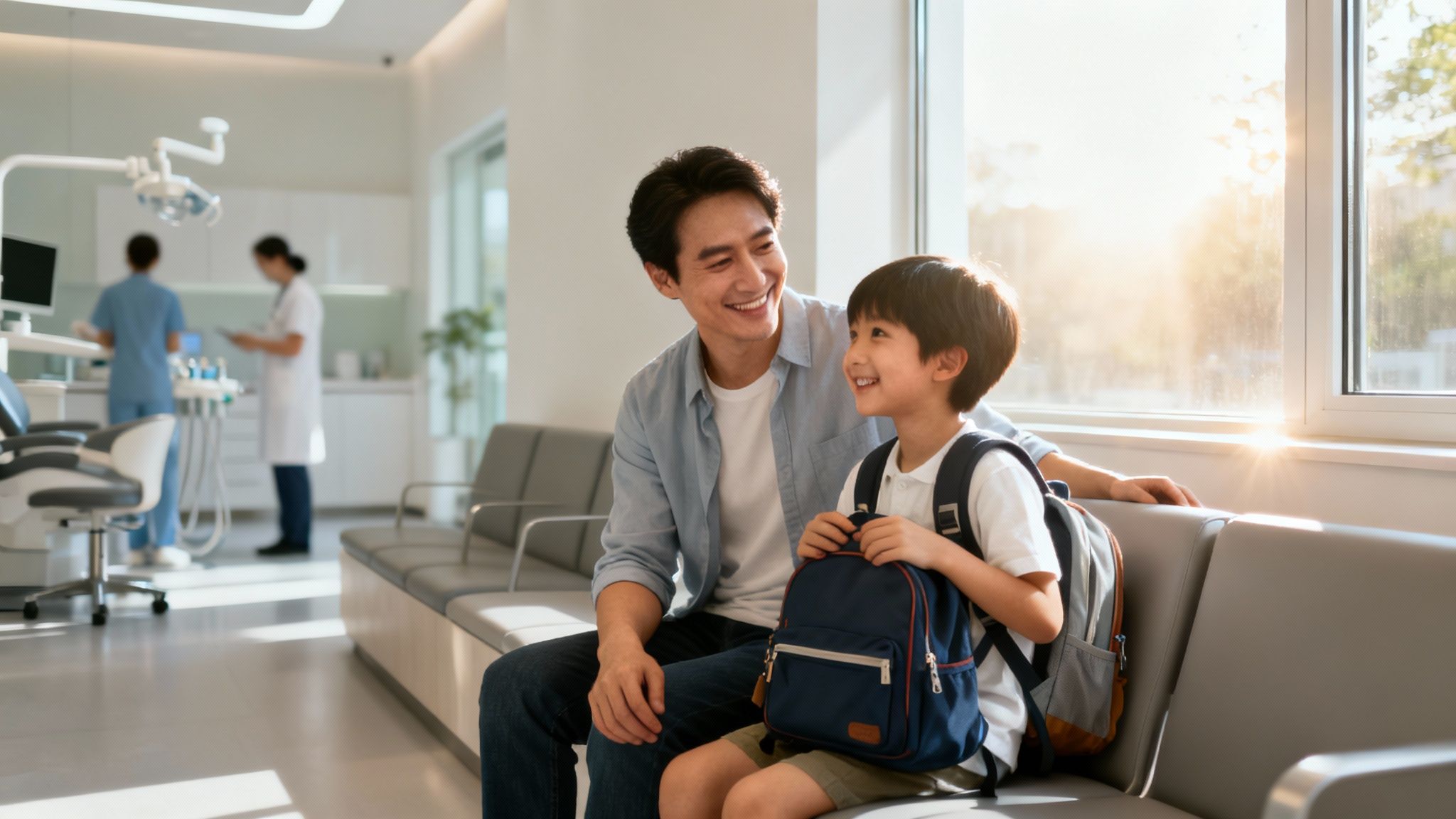 A happy father and son sitting on a bench in a modern dental clinic waiting room.