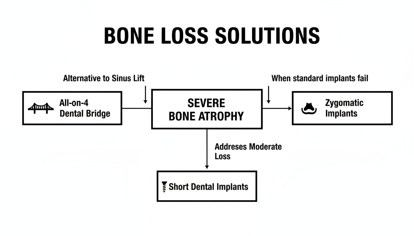 Flowchart illustrating bone loss solutions: All-on-4 bridges, zygomatic, and short dental implants for severe atrophy.