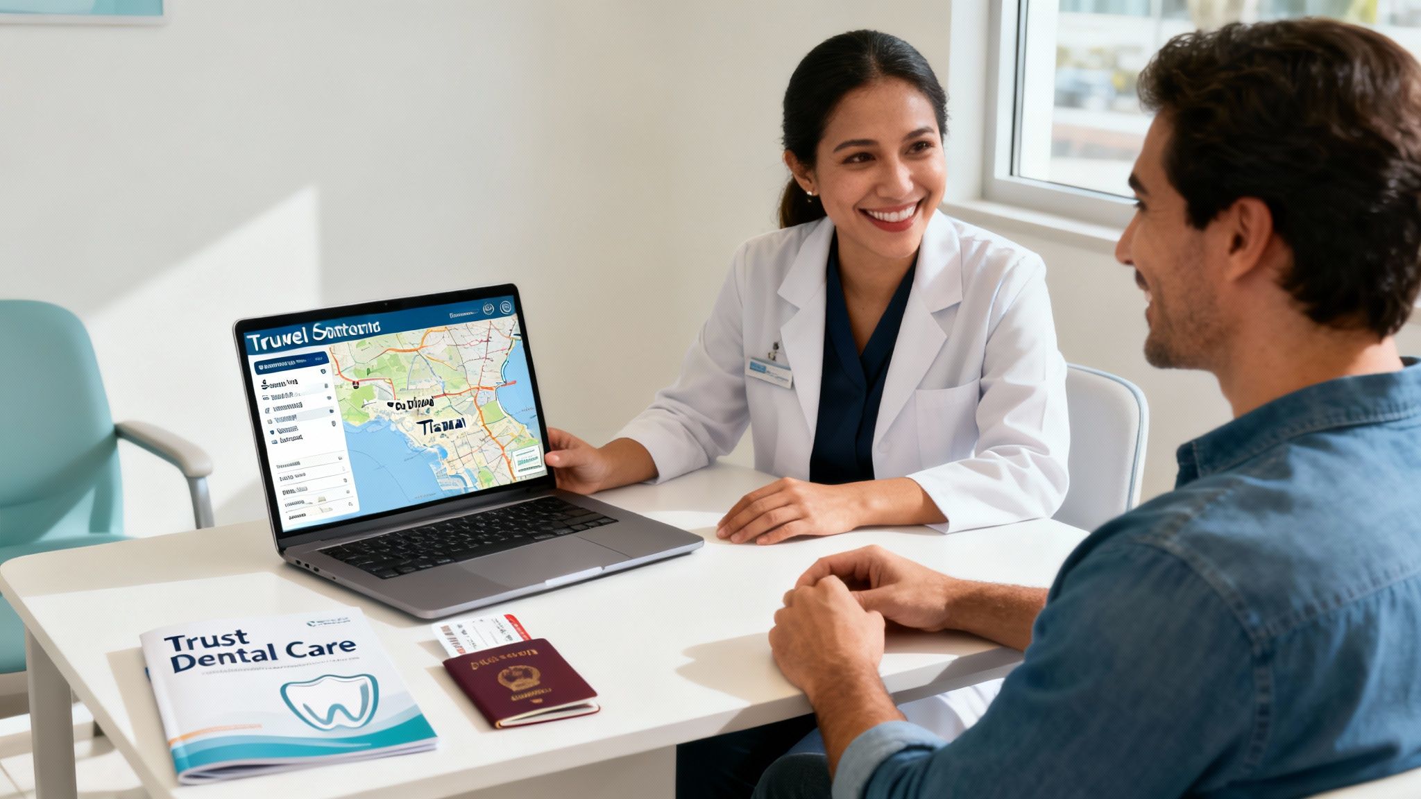 A smiling healthcare professional discusses dental travel plans with a male patient, showing a map on a laptop.