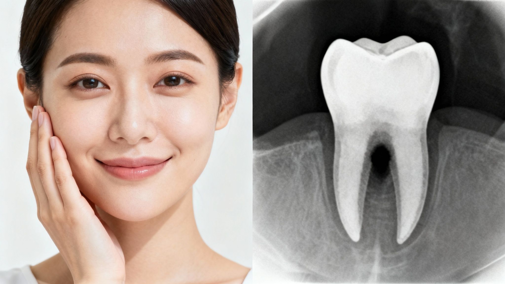 Dentist examining a patient's X-ray to diagnose a root canal.