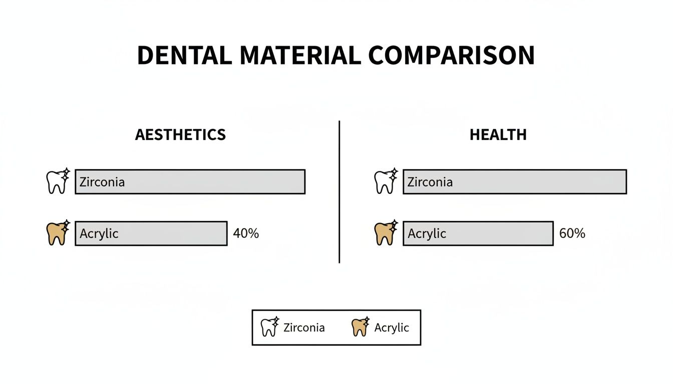 Bar chart comparing Zirconia and Acrylic dental materials for aesthetics and health percentages.