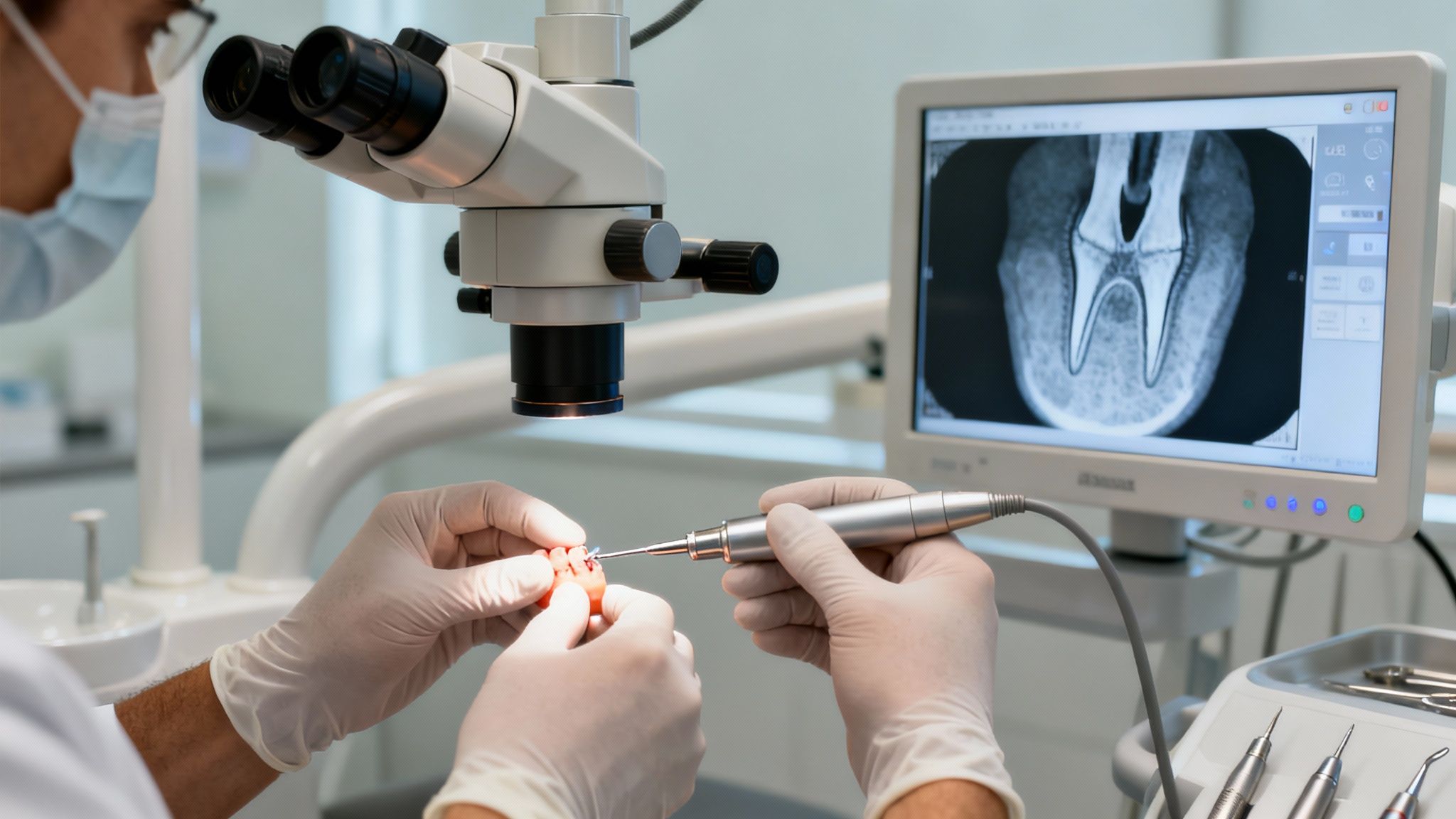 Dental professional performs root canal therapy on a model, guided by a microscope and tooth X-ray.