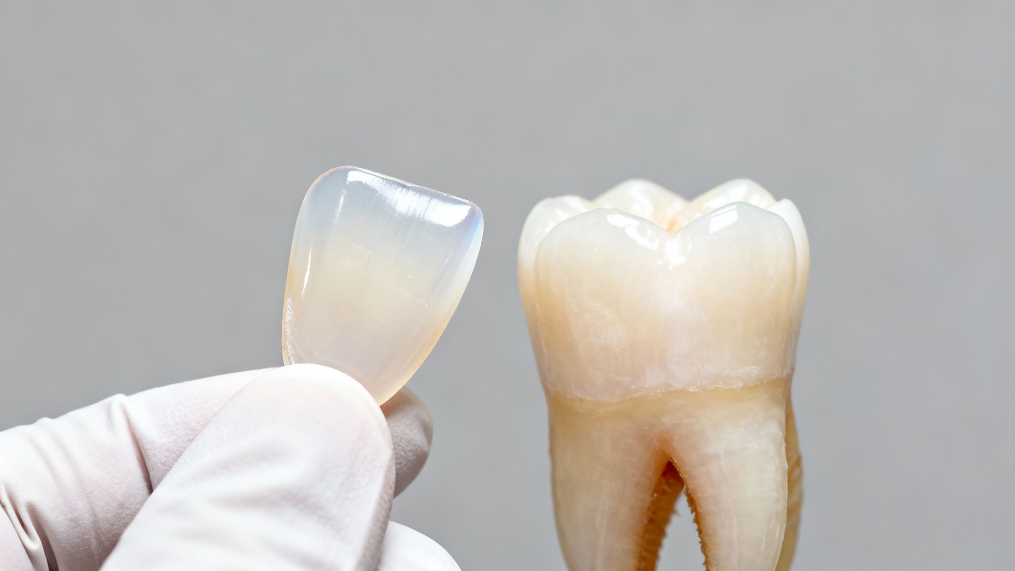 Gloved hand presenting a translucent dental veneer alongside a detailed tooth model.