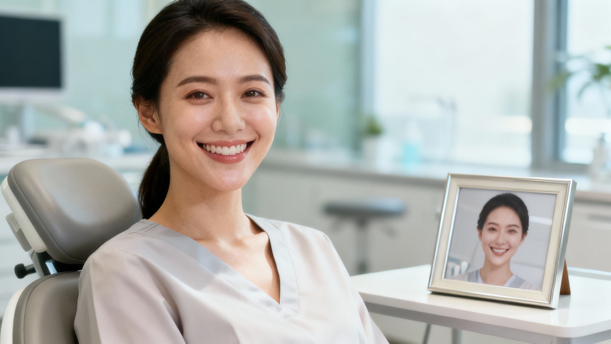 Smiling Asian female dentist in modern clinic with professional portrait photo on desk