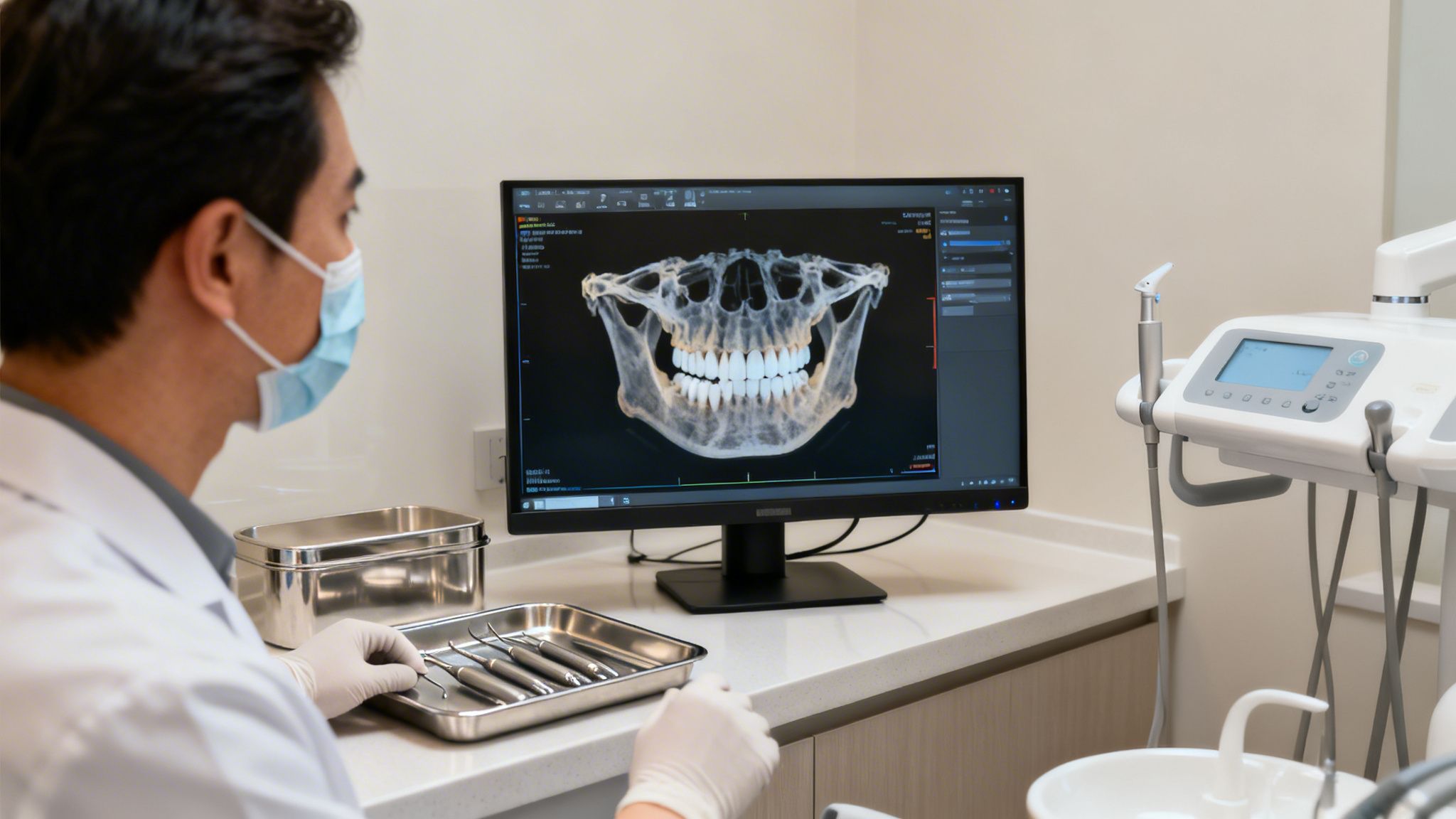 A dentist in scrubs and mask views a detailed 3D dental scan on a computer monitor.