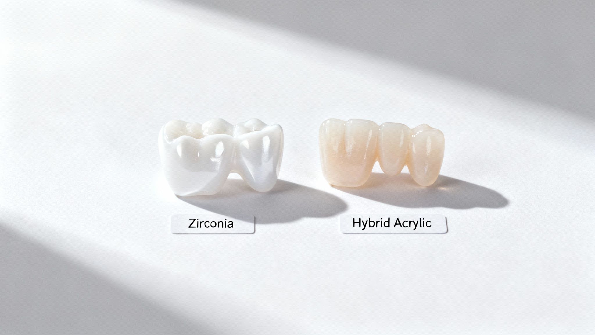 Side-by-side comparison of white Zirconia and natural-colored Hybrid Acrylic dental bridges.