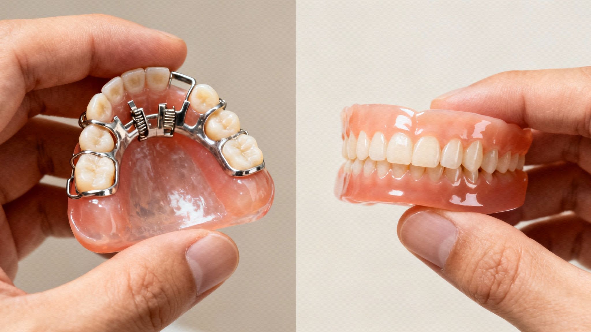 Two hands hold different types of dental prosthetics: a partial denture with clasps and a full set of dentures.