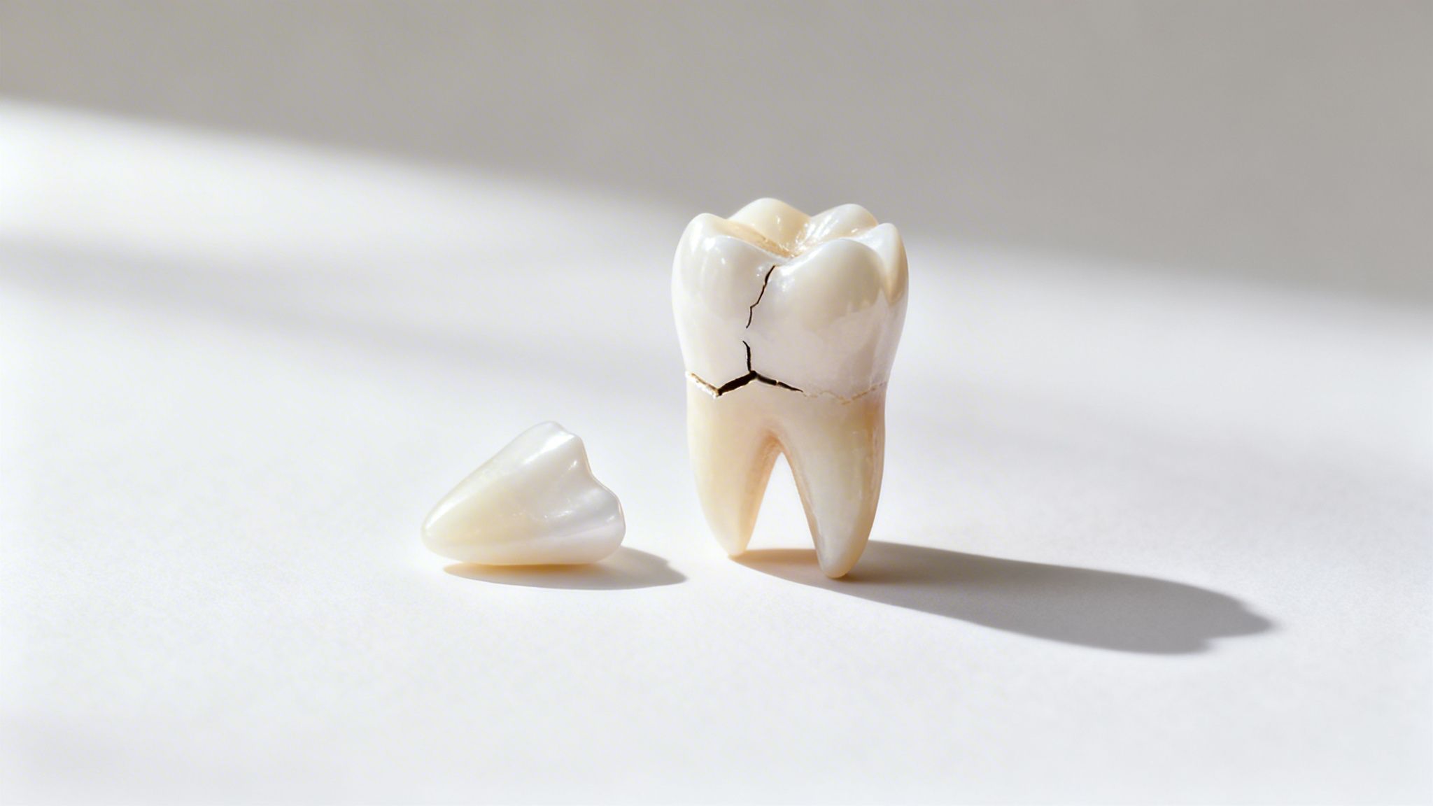 A model of a cracked molar tooth stands upright with a small piece broken off beside it on a white background.