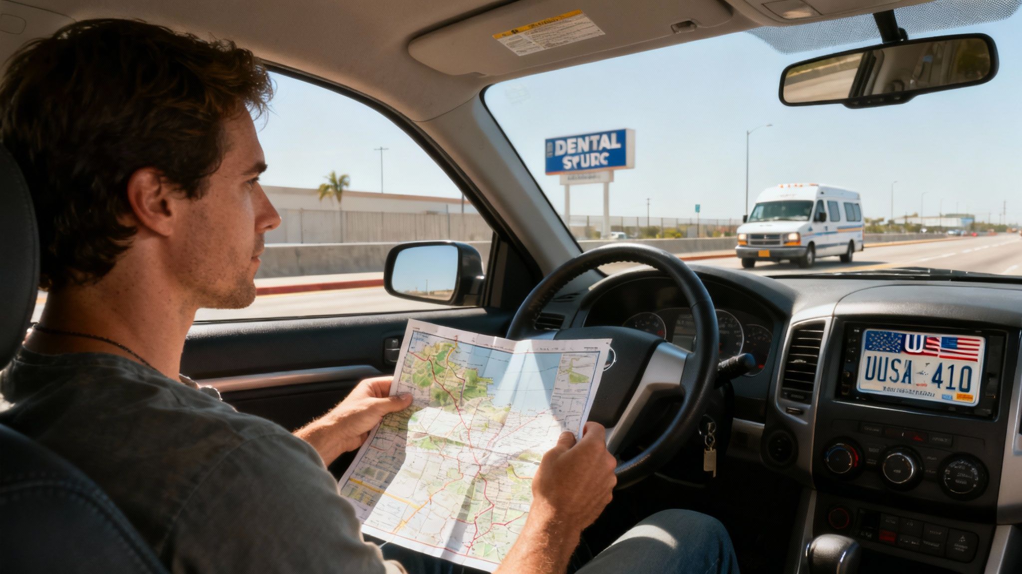 A modern car crossing the San Ysidro Port of Entry into Tijuana.