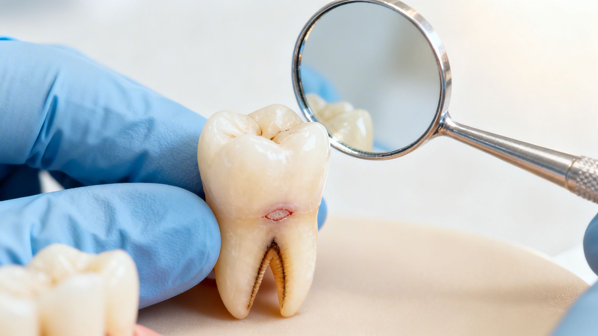 A gloved hand holds a dental tooth model revealing the root canal, with a dental mirror.