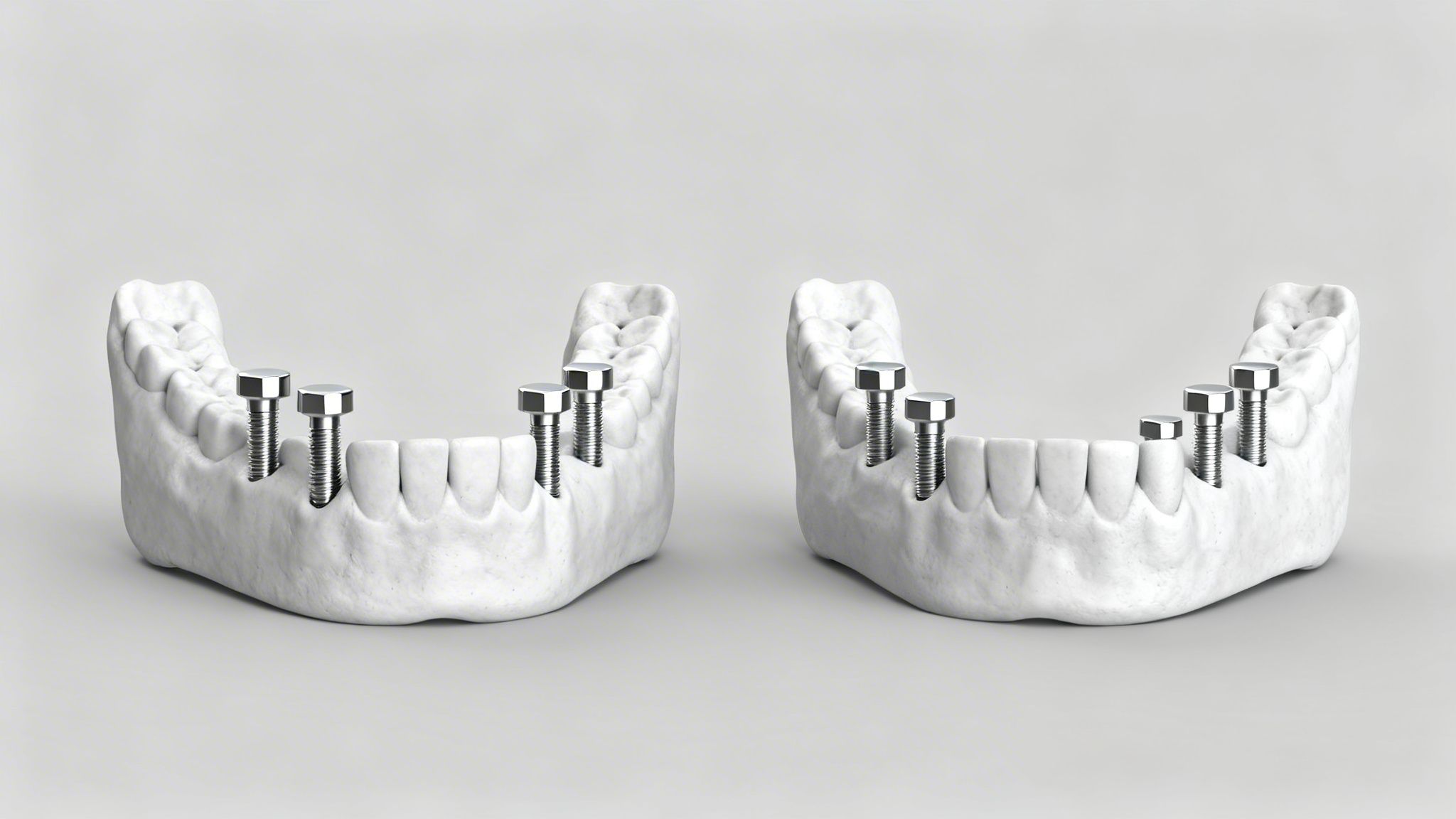 Two white models of the lower jaw featuring six metallic screw-type dental implants each.