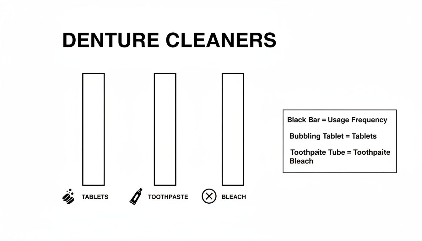A bar chart titled 'Denture Cleaners' showing usage categories for tablets, toothpaste, and bleach with a legend.