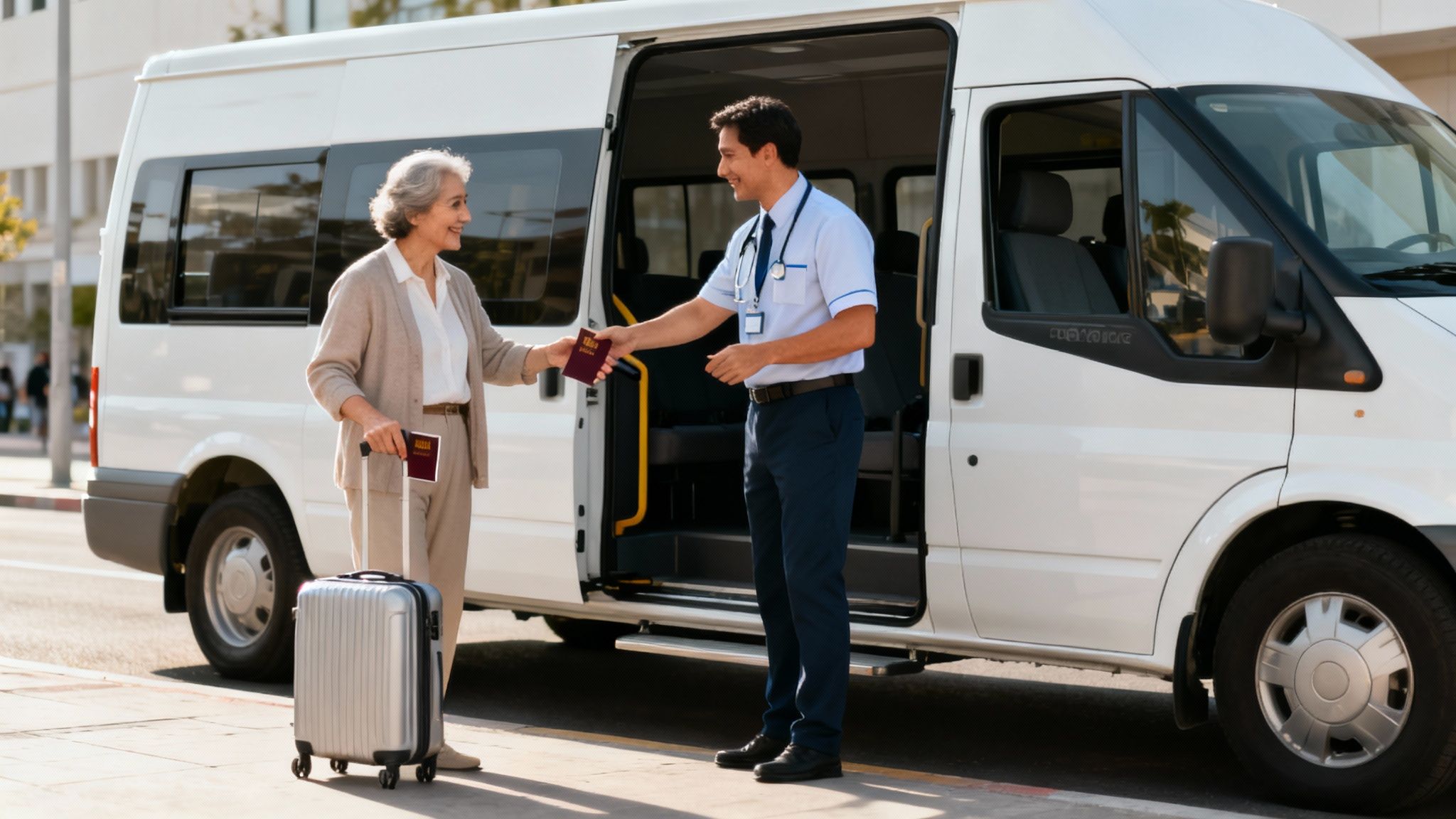 Elderly woman with luggage and passport interacting with a uniformed driver next to a white passenger van.
