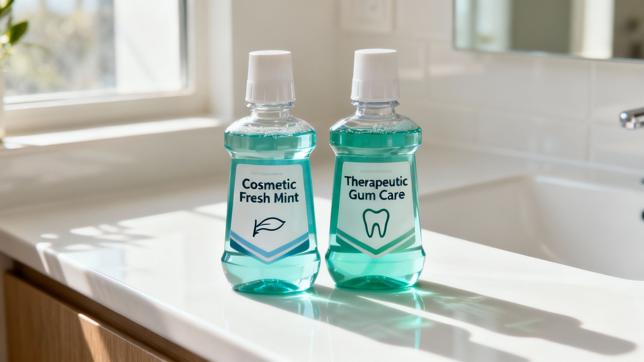 Two bottles of mouthwash, one labeled 'Cosmetic' and the other 'Therapeutic,' showing a clear choice for gum health.