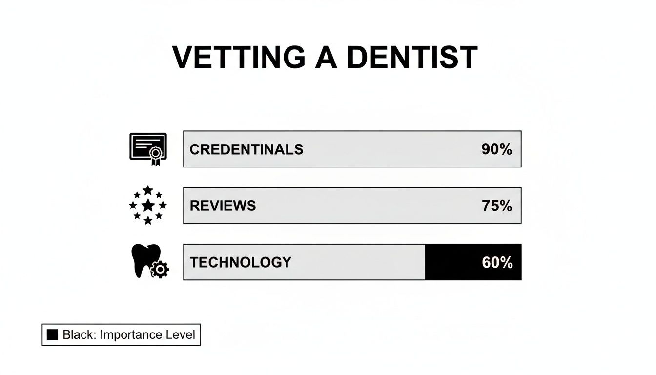 Infographic showing importance levels for vetting a dentist: Credentials 90%, Reviews 75%, Technology 60%.