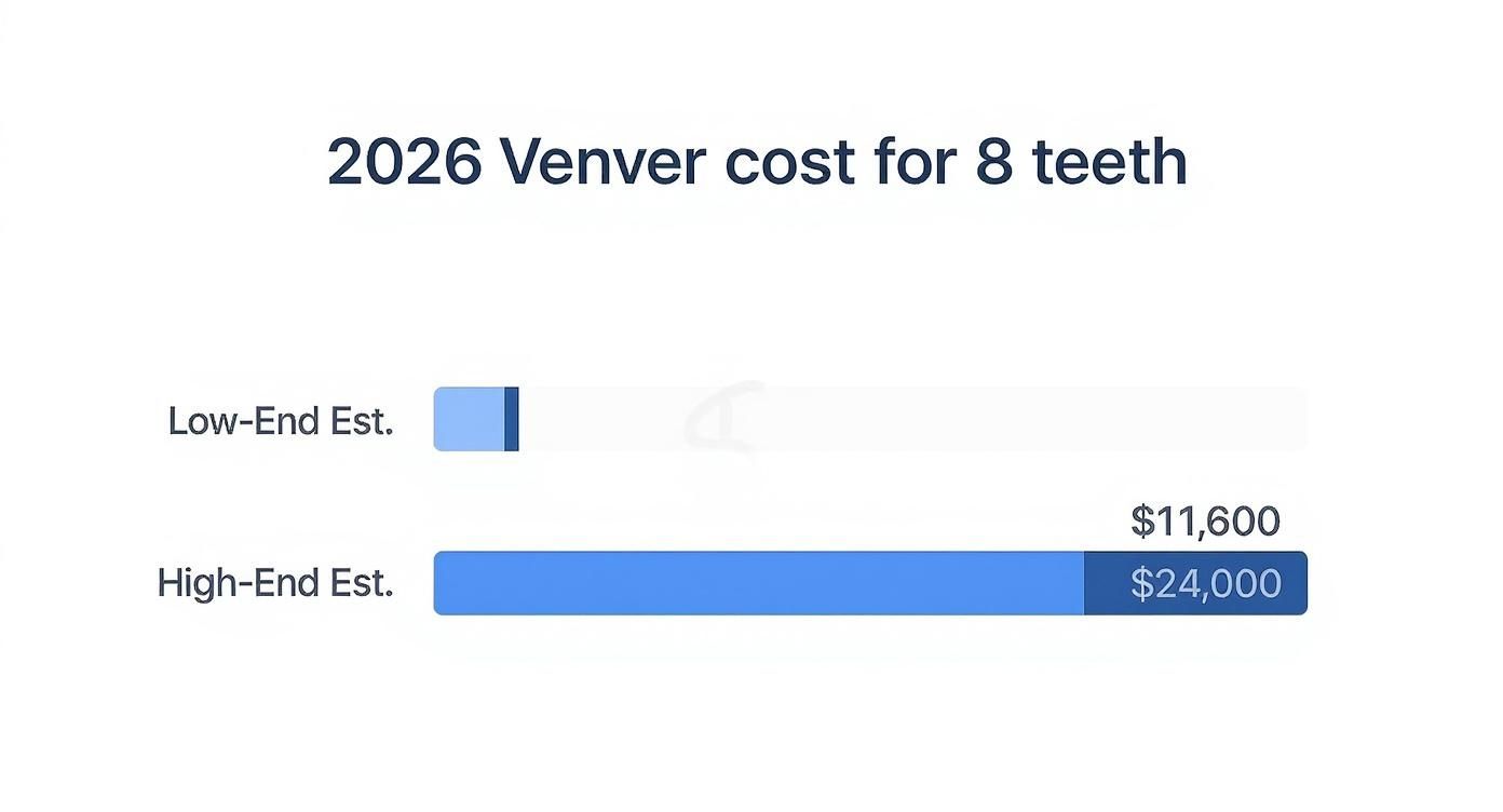 Bar chart displaying the estimated 2026 Venver cost for 8 teeth, showing low and high-end estimates.