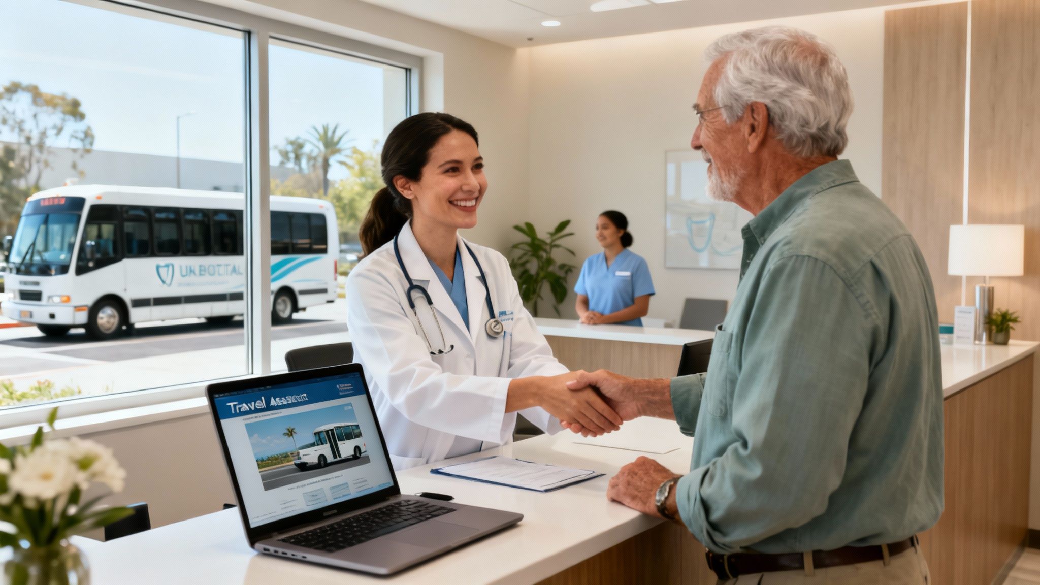 A smiling doctor shakes hands with an elderly male patient at a clinic reception desk.