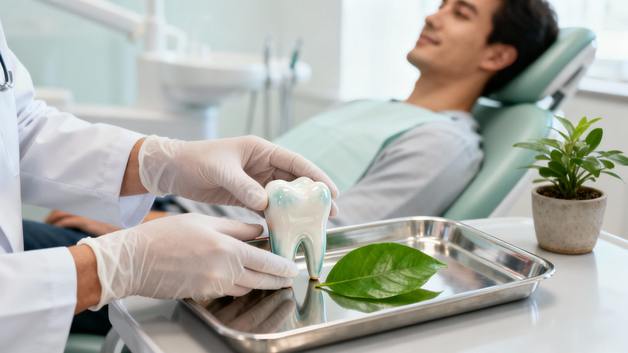 Dentist in white gloves holds a healthy tooth model on a tray with a green leaf, with a relaxed patient in a dental chair.