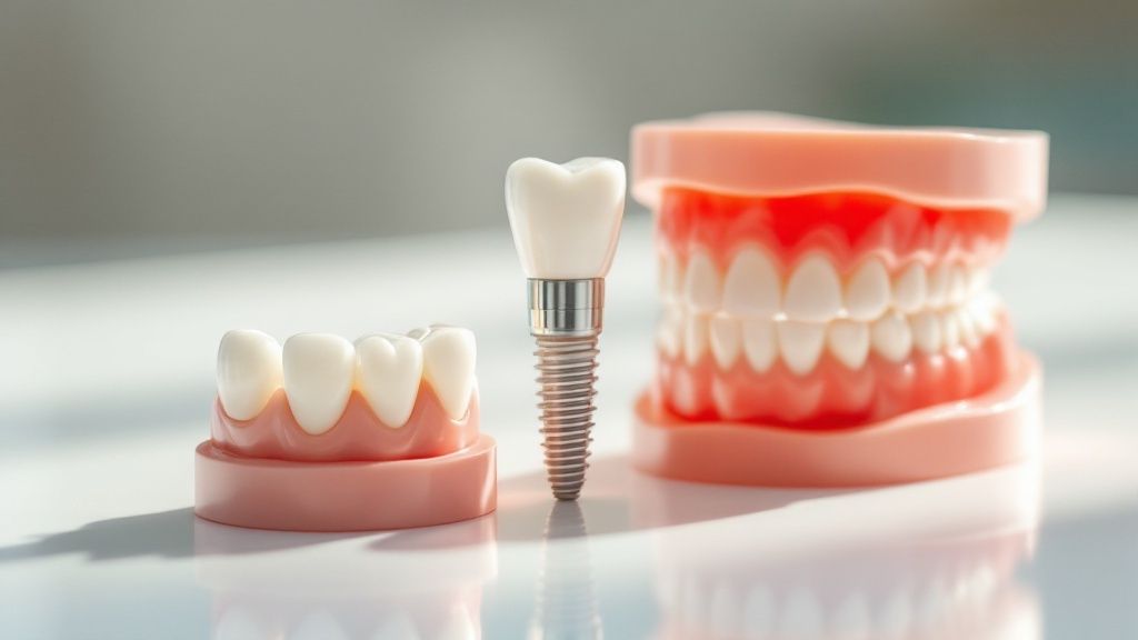 A detailed illustration showing the components of a dental implant, including the titanium post, abutment, and crown.
