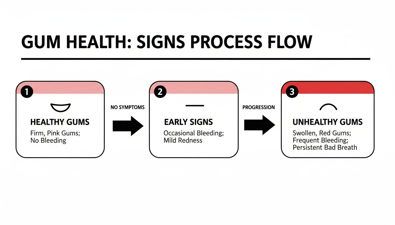 A flow chart illustrating gum health stages: healthy, early signs, and unhealthy, detailing symptoms for each.
