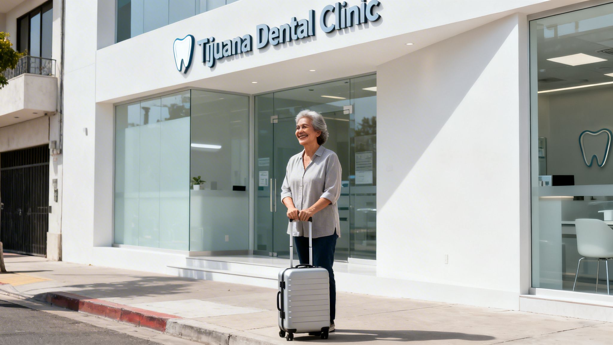 A smiling senior woman with a suitcase stands outside the Tijuana Dental Clinic on a sunny day.