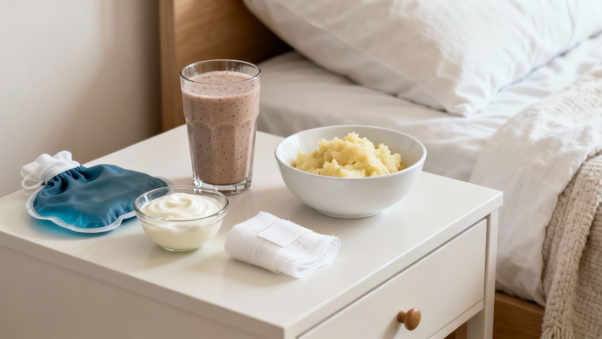A person resting comfortably on a couch with an ice pack on their jaw after wisdom teeth removal.