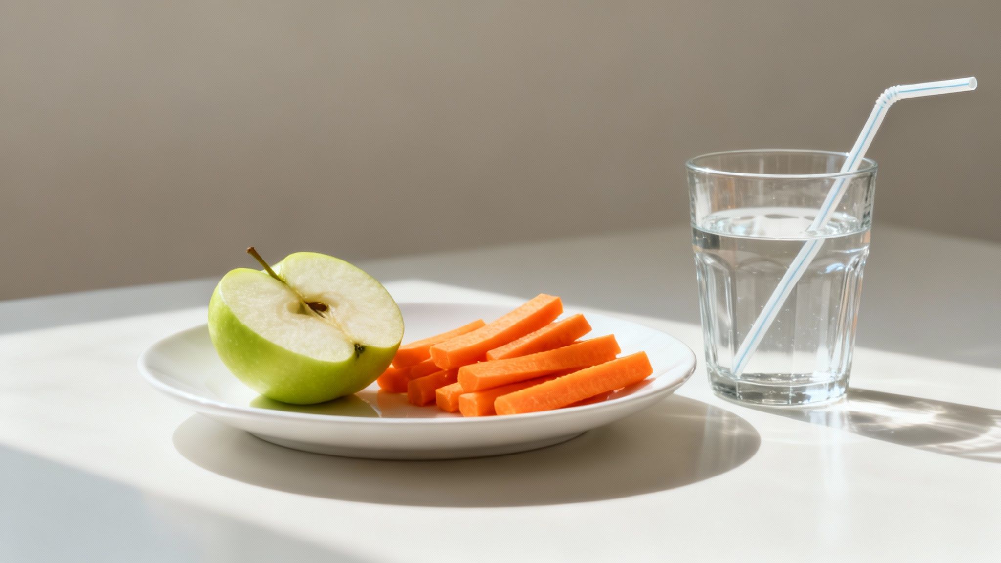 Healthy snack plate with green apple and carrot sticks beside glass of water
