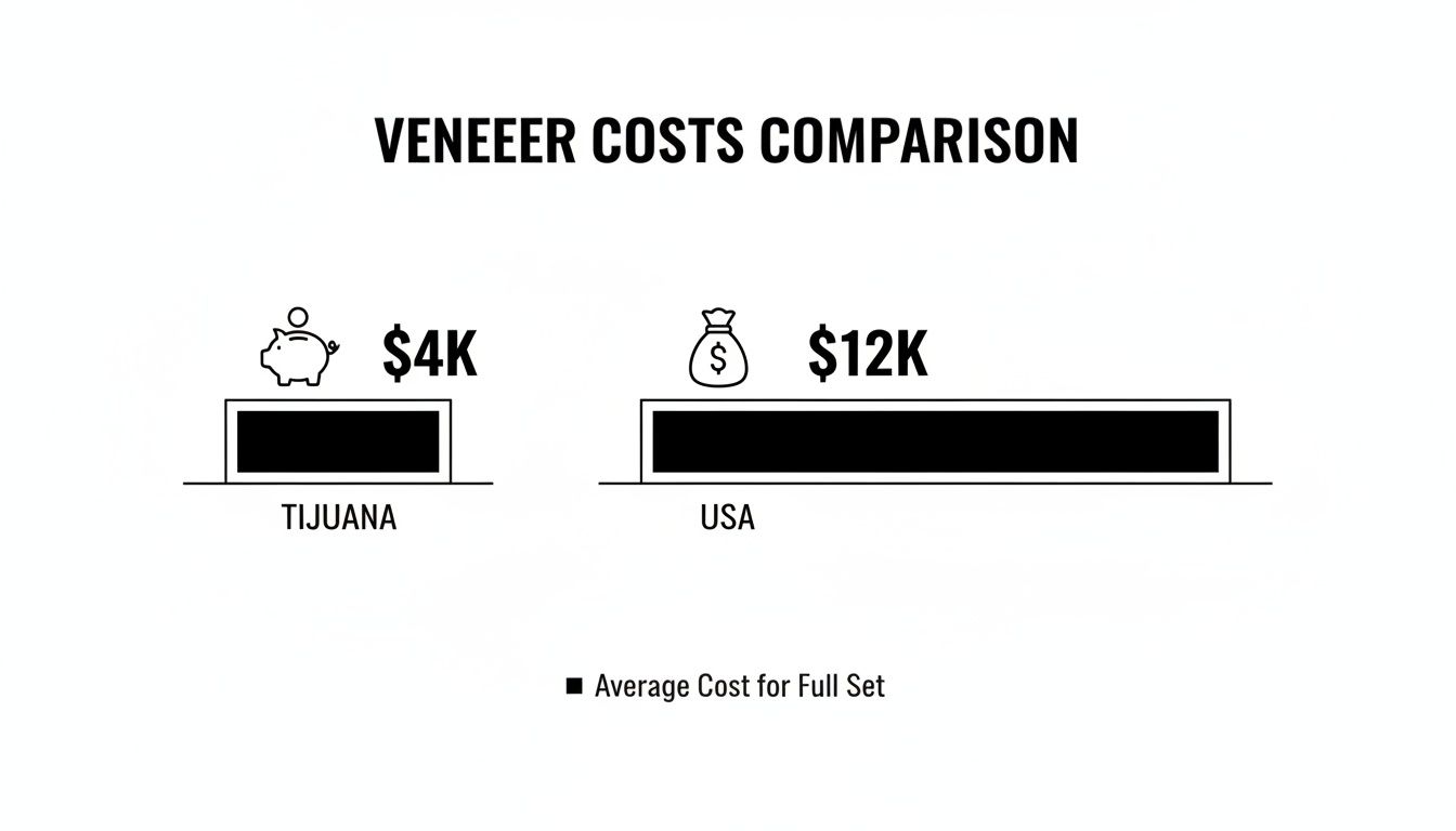 A comparison chart illustrates average veneer costs: $4K in Tijuana represented by a piggy bank, and $12K in the USA.