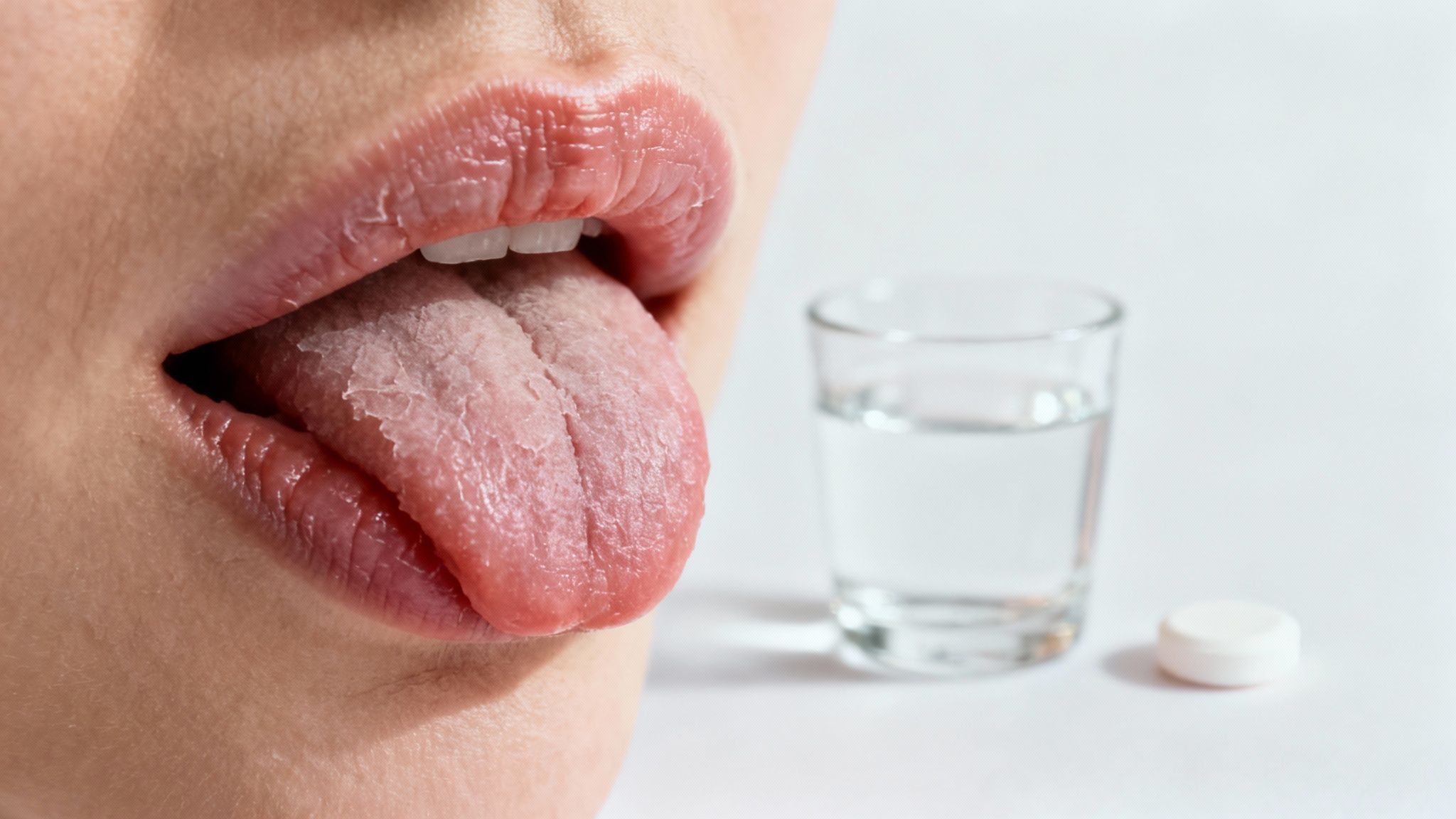 Close-up of a person's mouth showing a white-coated tongue, with a glass of water and a pill nearby.