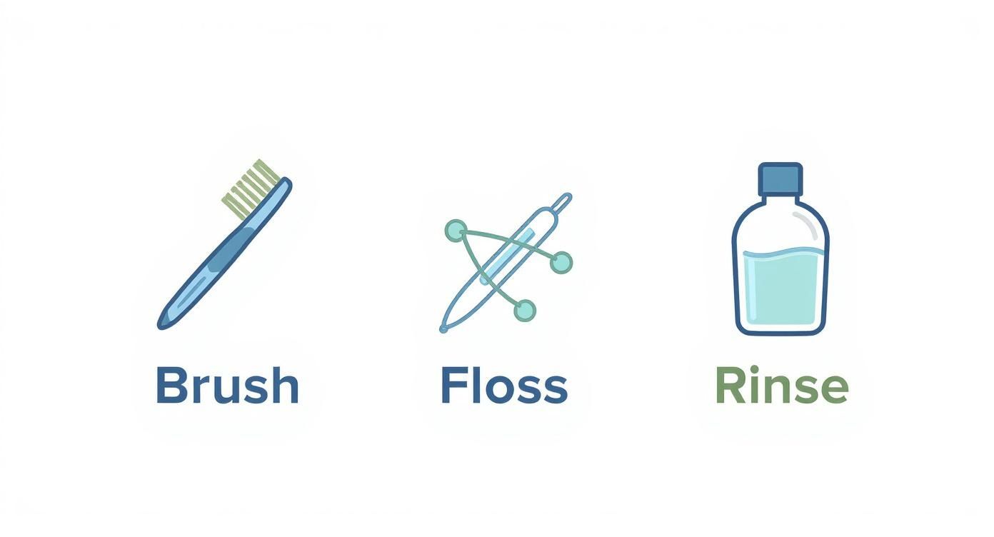 Three essential dental hygiene steps showing toothbrush, dental floss, and mouthwash bottle for braces care