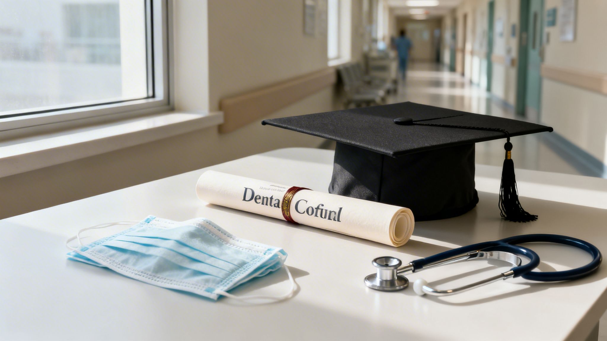 A graduation cap, diploma, stethoscope, and medical masks on a table in a hospital hallway.