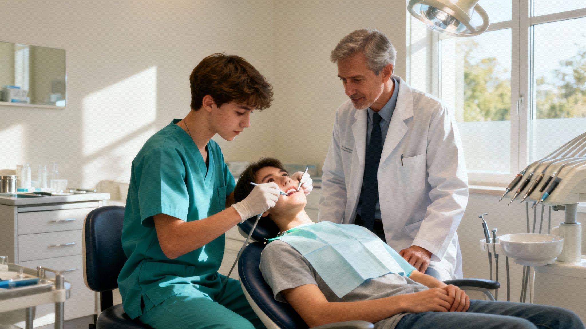 A dental assistant examines a young male patient's teeth while a dentist supervises.