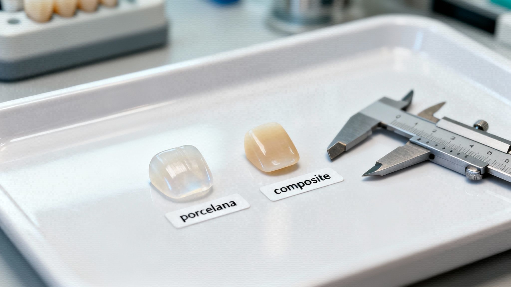 Two dental veneer samples, one porcelain and one composite, displayed with a caliper on a white tray.