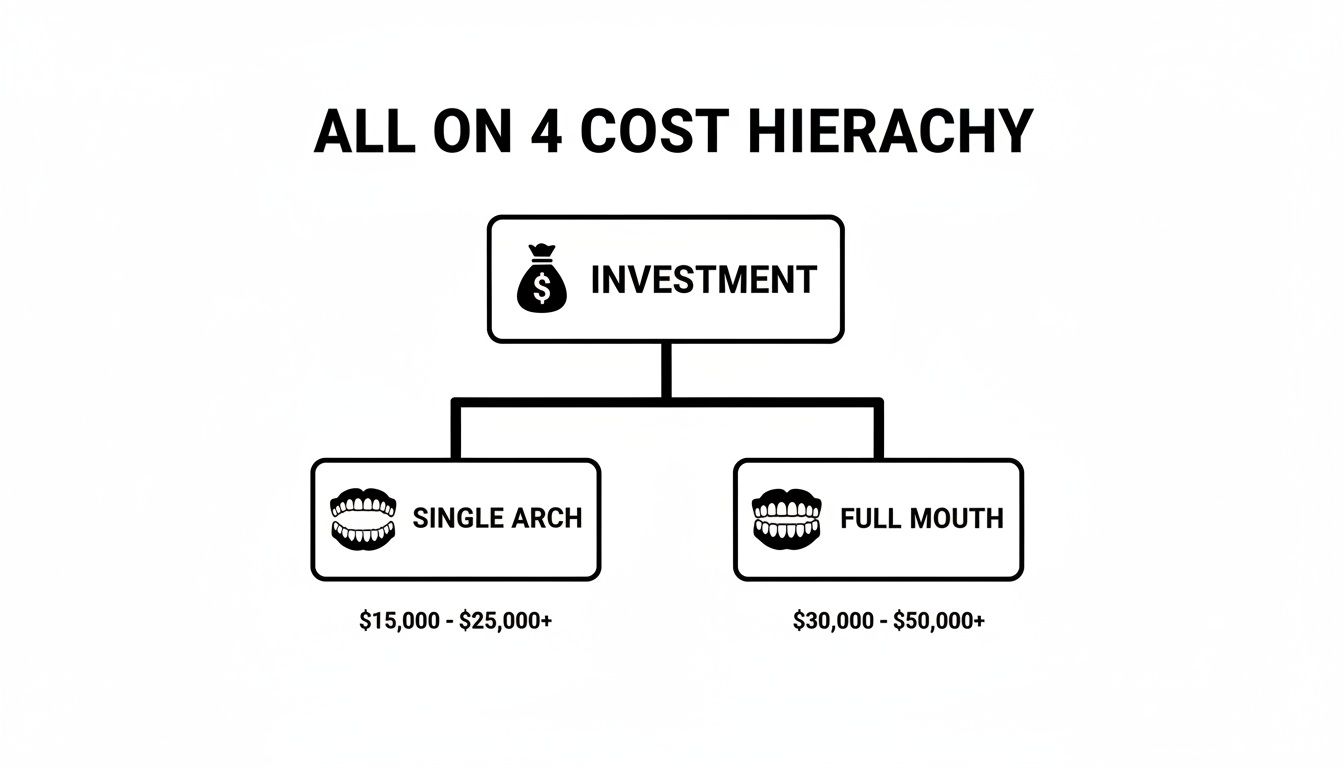 Hierarchy chart illustrating All on 4 dental implant costs: single arch and full mouth investments.