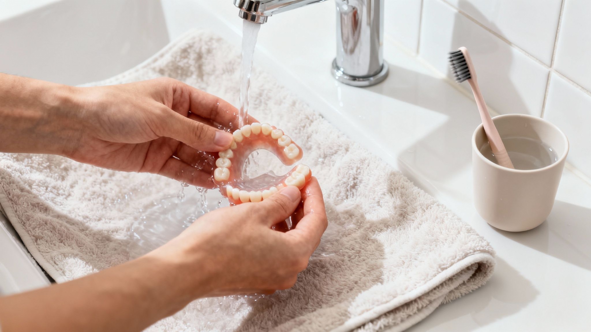 Hands cleaning a full set of dentures under running water in a sink with a towel.
