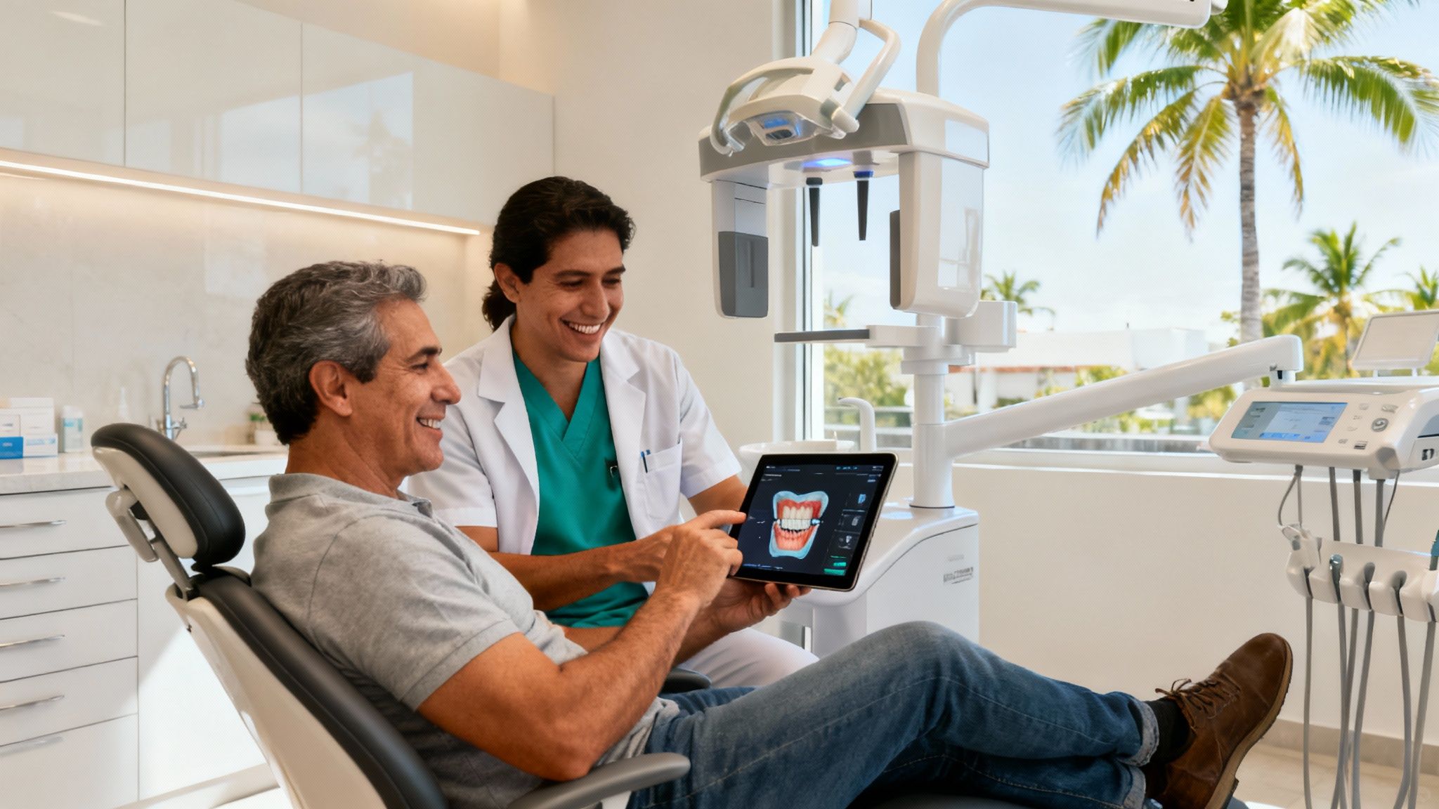 Smiling dentist and patient review a digital dental scan on a tablet in a sunny clinic.