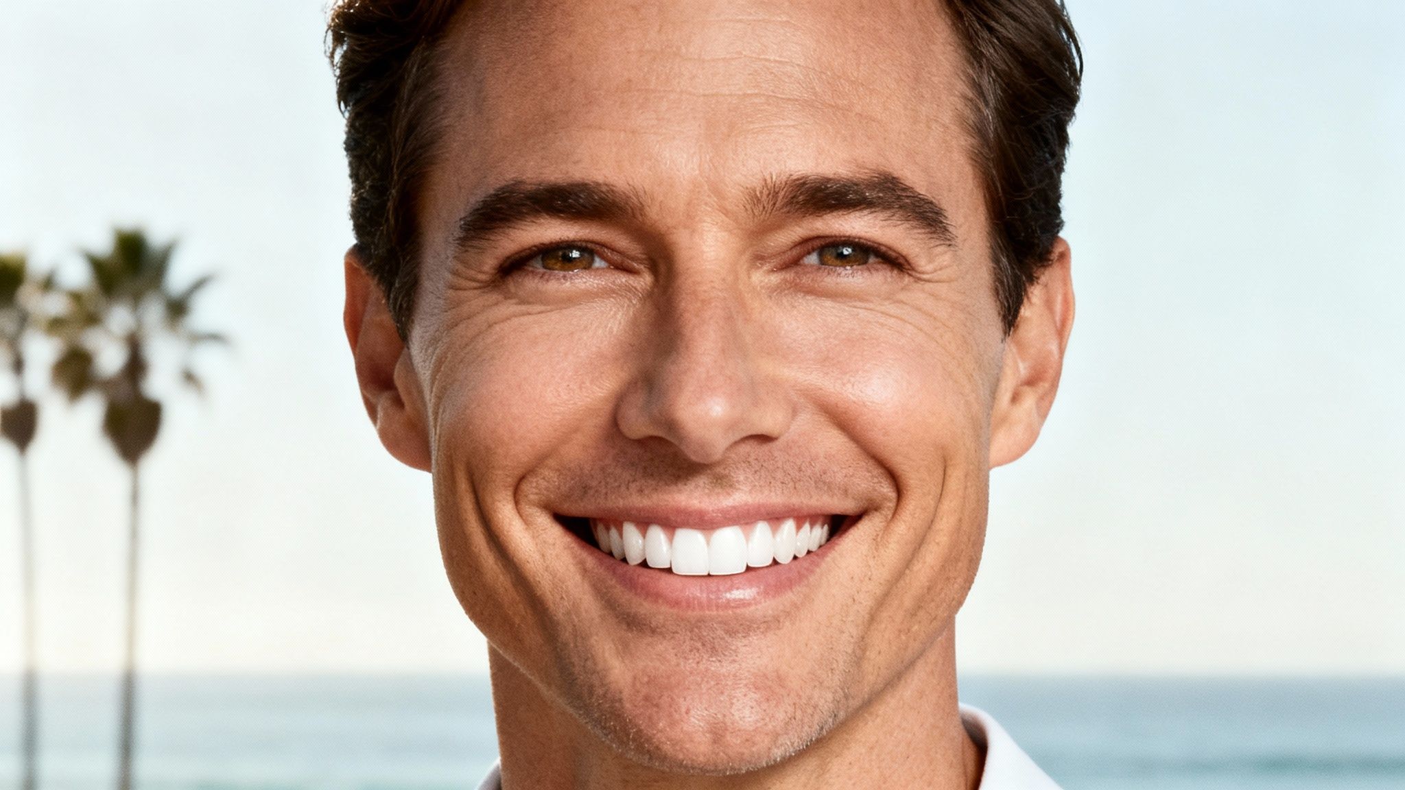 Close-up of a smiling man with perfect white teeth, with ocean and palm trees behind him.