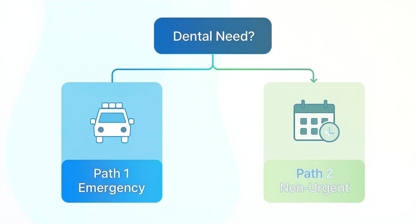 Flowchart showing two paths for dental care: emergency and non-urgent scheduled appointments
