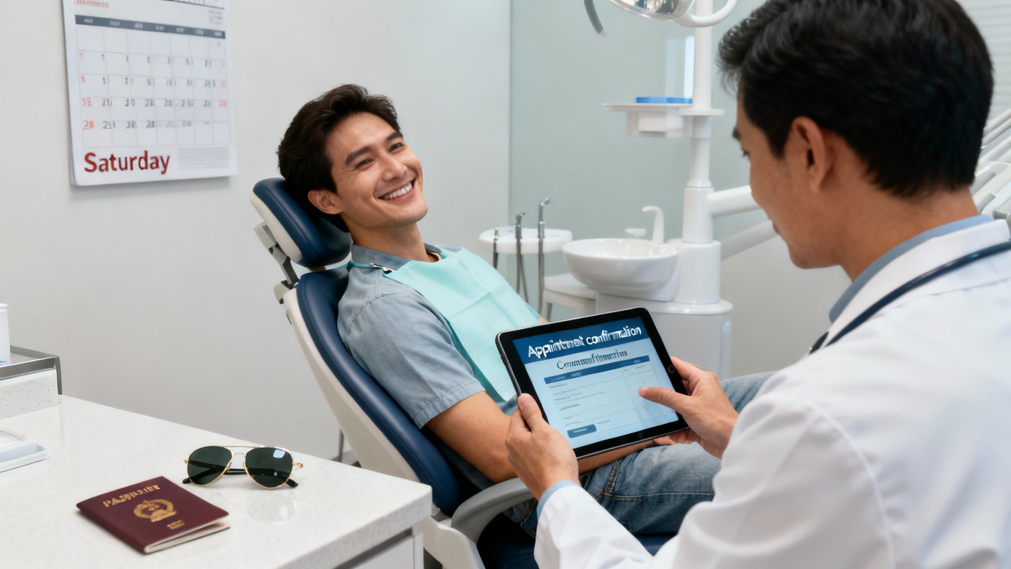 Smiling patient in dental chair reviews appointment confirmation on tablet with dentist on a Saturday.