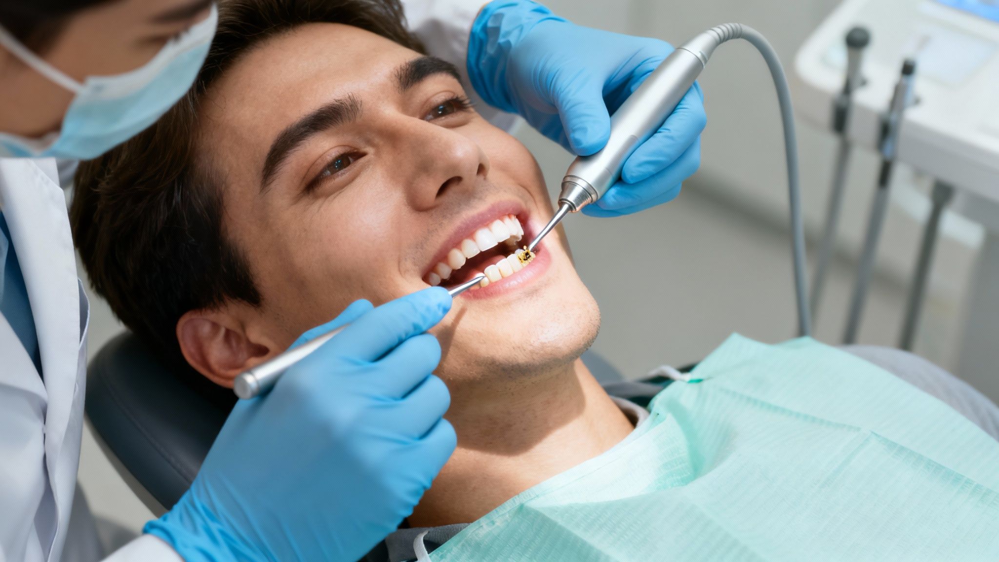 A dental hygienist using professional tools to clean a patient's teeth