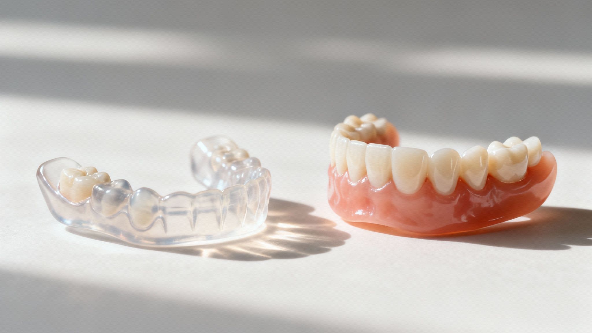 A friendly dentist shows a patient models of modern dentures, highlighting their natural look and feel.