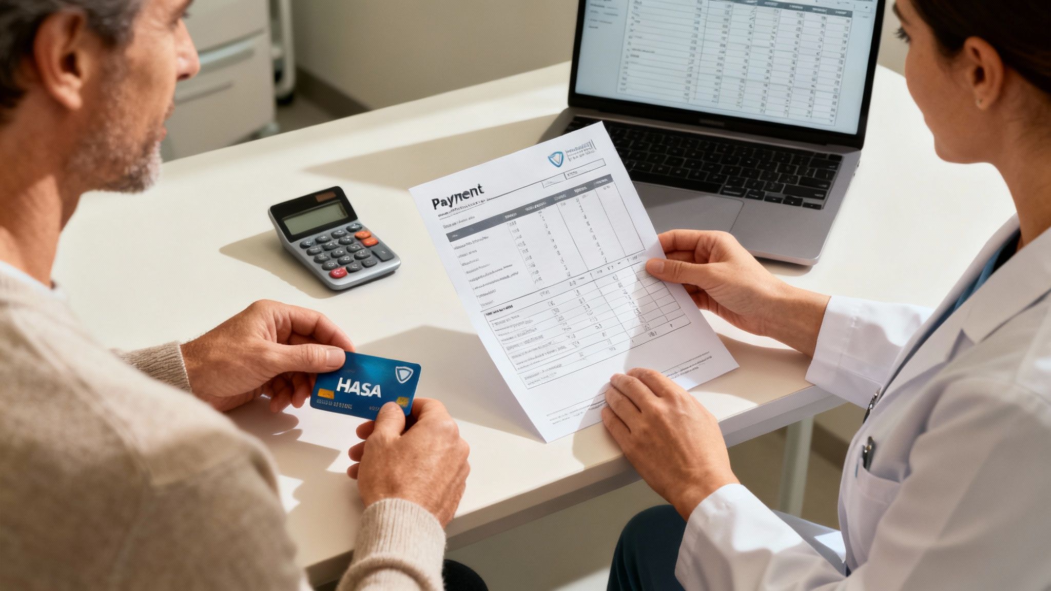 A person reviewing dental financing and insurance paperwork with a calculator