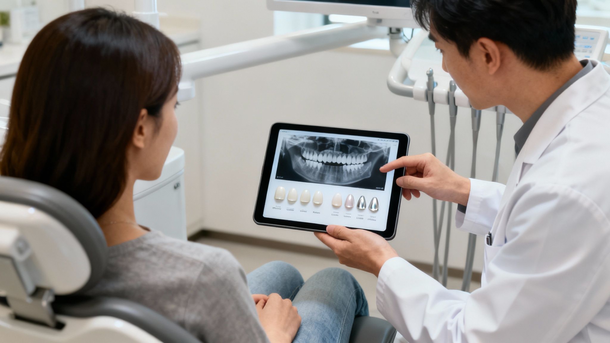 A dental professional preparing a patient's tooth for a crown